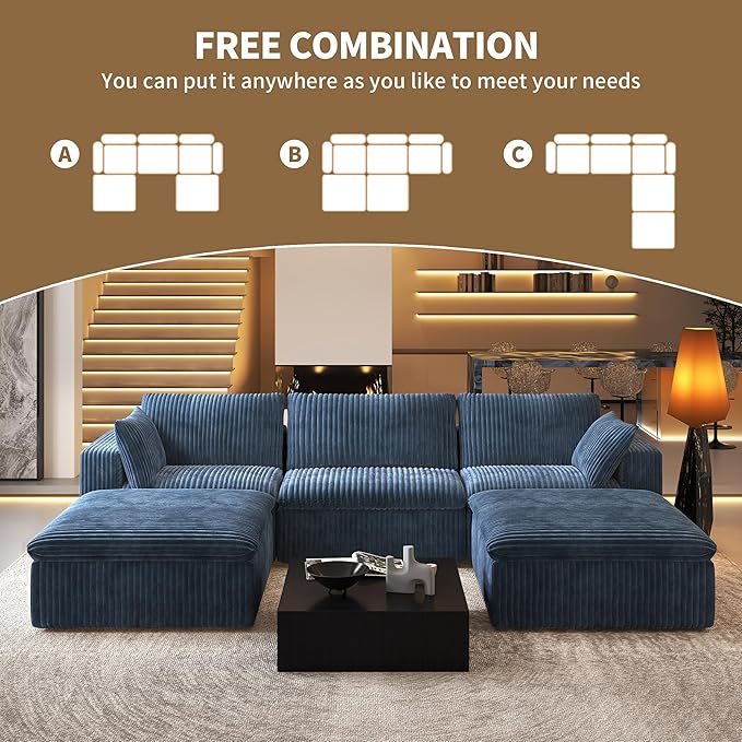 118" U Shaped Modern Sofa Modular Sectional Cloud Couch with 2 Ottoman,Upholstered Couches with Plush Corduroy Fabric for Living Room Furniture,Bedroom and Apartment,No Assembly Required,Blue