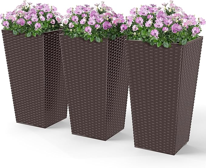 Outsunny Tall Planters for Outdoor Plants Set of 3, 24 in Taper Planters with Drainage Holes, Rattan Decor Plant Pots for Indoor Outdoor Front Porch Patio Backyard, Brown