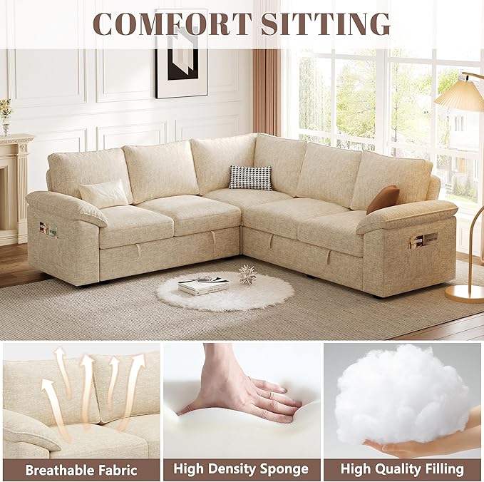 85 Inch Sectional Sleeper Sofa with Pull Out Bed,L Shaped 5 Seat Modular Sectional Sofa with Storage,Sectional Couches for Living Room,Cloud Modular Couch,Removable Sofa Cover,Beige
