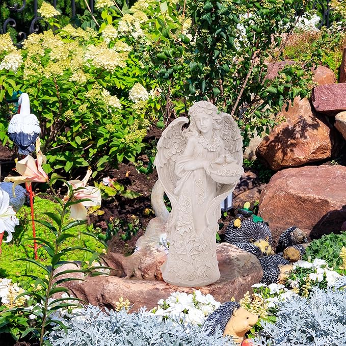 Outdoor Statues Angel Décor Garden Statue,23.5" H Angel Statue, Resin Angel with Bird Figurine,Gifts for Women and Men,Outdoor Garden Decor Ornaments for Outside (White)