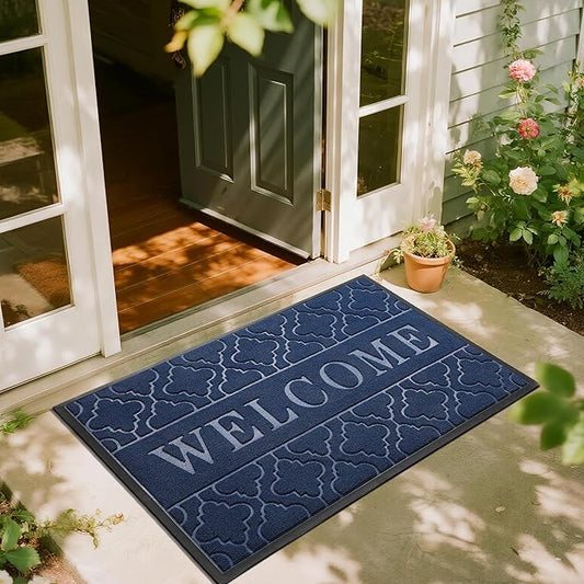 Yimobra Welcome Mat Outdoor Indoor, All-Season Waterproof Front Door Mat Outside Entrance, All-Weather Heavy Duty Non-Slip Doormat, Low Profile Porch Patio Entrance Mats, 47x32, Blue