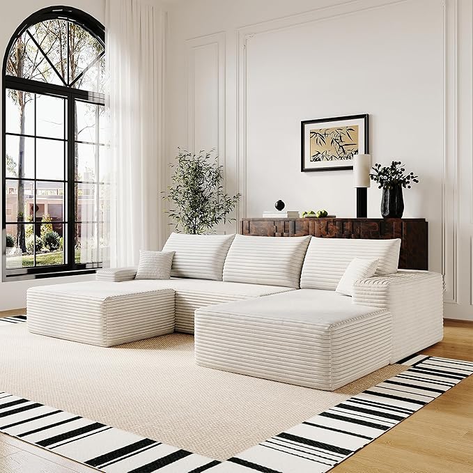 108" Sectional Couches for Living Room Modern Modular Sofa with L-Shape Couchs Upholstered Boneless Couch Deep Seat Sectional Couch with Chaise (White, Right Facing Chaise+2Seaters+1Ottoman)