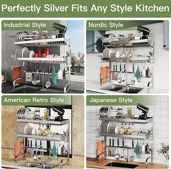 3 Tier Extra Large Stainless Steel Expandable Over The Sink Dish Drainer Drying Rack, Rust Proof Metal, Space Saving, Modern Silver Big Capacity Extendable Plate Strainers Above Kitchen Counter