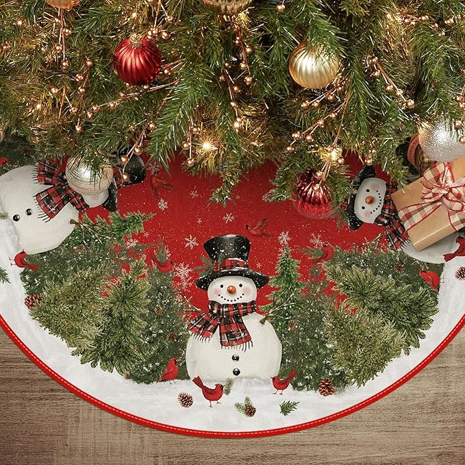 AVOIN colorlife Cardinals Cedar Snowman with Scarf Christmas Tree Skirt, Xmas Winter Holiday Party Tree Mat Indoor Outdoor Decoration 48 Inch