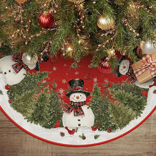 AVOIN colorlife Cardinals Cedar Snowman with Scarf Christmas Tree Skirt, Xmas Winter Holiday Party Tree Mat Indoor Outdoor Decoration 48 Inch