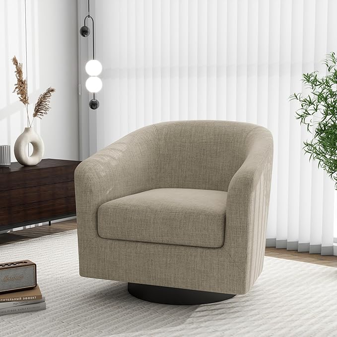 Swivel Barrel Accent Chair, Modern Round Linen Arm Chair for Living Room, Bedroom, Comfy Club Reading Chairs for Adults（Linen Fabric, Light Brown, Set of 4