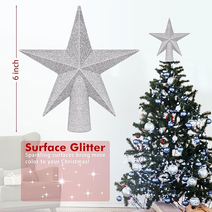 Tree Topper, 6" Silver Christmas Tree Topper with Glitter, 3D Bethlehem Star Xmas Tree Topper Decorations, Waterproof Shatter-Proof Tree Decoration for Christmas Holiday Home Indoor and Outdoor