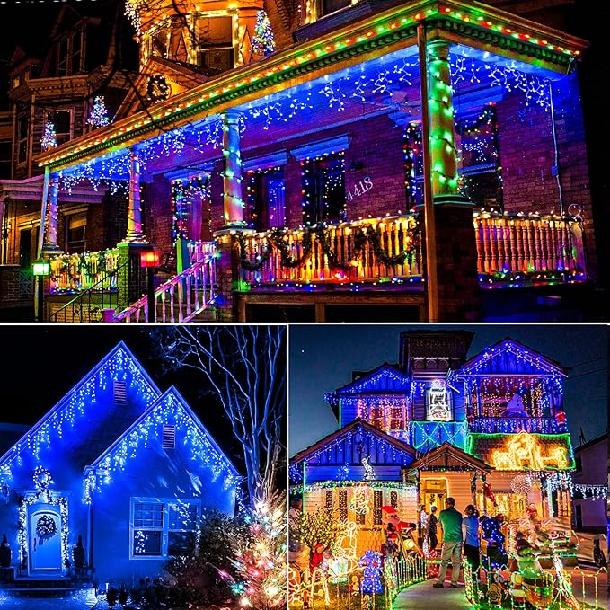 Icicle Christmas Lights Outdoor 99ft 1216 LED Icicle Lights for Outside 8 Modes with 228 Drops, Waterproof Plug in Blue Christmas Light for House Indoor Party Holiday Wedding Halloween Decorations