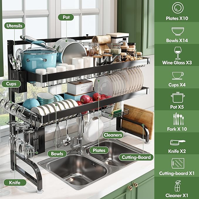 3 Tier Extra Large Stainless Steel Expandable Over The Sink Dish Drainer Drying Rack, Rust Proof Metal, Space Saving, Modern Black Big Capacity Extendable Plate Strainers Above Kitchen Counter