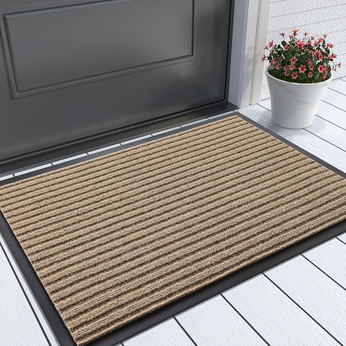 Yimobra Front Door Mat Outdoor Indoor Entrance, 100% Waterproof All-Season All Weather Doormat, Welcome Matt Outside Entry, Non Slip, Low Profile, Heavy Duty Patio Porch Floor Mats,29.5 x 17,Khaki