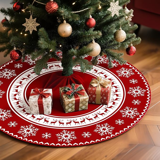 Christmas Tree Skirt 48 Inches Red Xmas Soft Cover Mat Decor Retro Xmas Tree Skirt for New Year Holiday Ornaments Indoor Outdoor Decorations (Snowflake Reindeer)