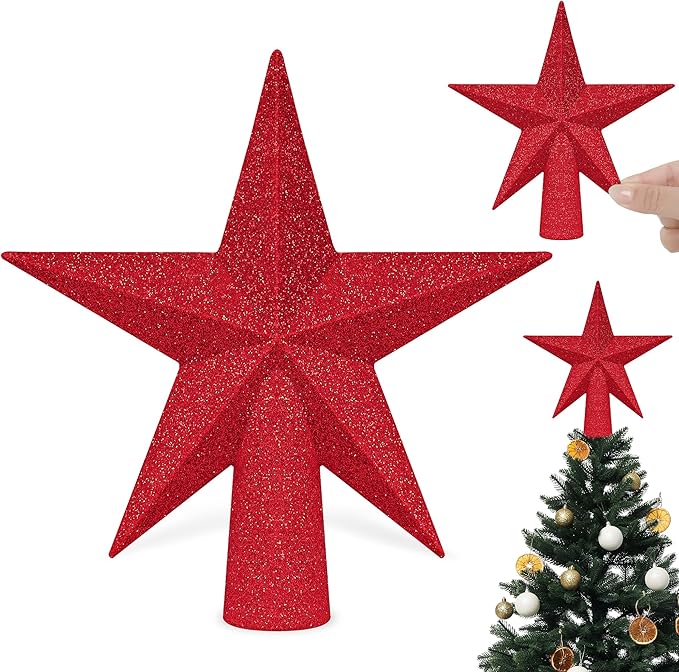 Star Tree Topper, 6" Red Christmas Tee Topper Decorations, Glitter 3D Xmas Bethlehem Star Waterproof Shatter-Proof, Christmas Tree Topper Ornament Decor for Christmas Holiday Party Indoor Outdoor Use