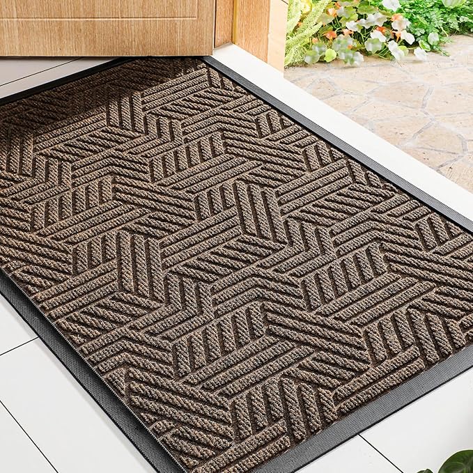 Mibao Front Door Mat Outside Entrance, Durable Outdoor Indoor Mat, Low Profile Heavy Duty Doormat, Non-Slip, Traps Dirt and Moisture, Easy Clean Patio Porch Entryway Mat, 17" x 29.5", Brown