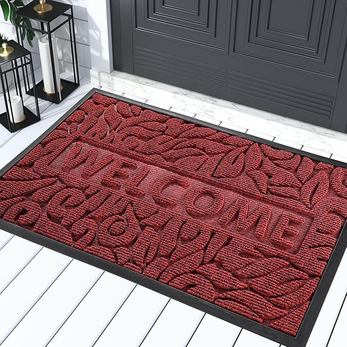 Yimobra Welcome Mat Outdoor, 36x24 Waterproof Large Door Mat Outside Entrance, All-Weather Non Slip Front Door Mat, Low-Profile Entryway Mat Indoor, Porch and Patio, Wine Red