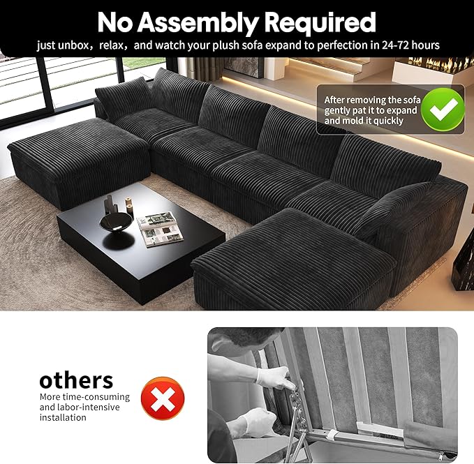 157.5" U Shaped Modern Sofa Modular Sectional Cloud Couch with 2 Ottoman,Deep Seat Upholstered Couches with Corduroy Fabric for Living Room Furniture,Bedroom and Apartment,No Assembly Required,Black