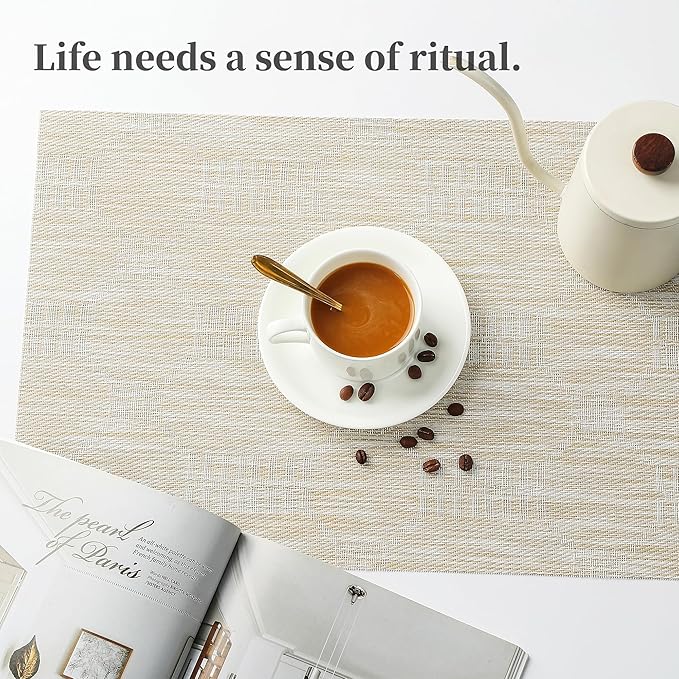 Leetaltree Wheat Placemats Set of 12 - Heat Resistant Non-Slip Place mats for Dining Table, Washable Durable PVC Vinyl Woven Table Mats（Wheat, 12）