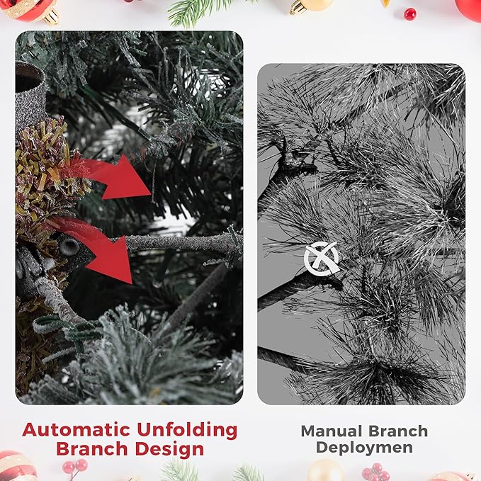 7.5ft Pre-lit Artificial Christmas Tree with Incandescent Warm White Lights, Snow Flocked Full Prelighted Xmas Tree Automatic Branch Tips, UL Listed Lights & Foldable Stand, Green & White