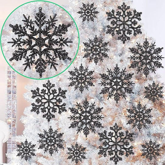 36pcs Black Christmas Snowflake Ornaments, Plastic Glitter Hanging Snow Flakes for Christmas Tree Decorations Winter Wonderland Frozen Birthday Party Holiday Home Decor Craft Snowflakes