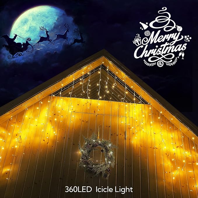 Hopolon 33FT 360L LED Christmas Icicle Lights Outdoor Waterproof,8 Modes Plug in Curtain String LIghts With 60 Drops,Christmas Lights for Wedding,Party,Bedroom,Home,Garden,Wall Decorations(Warm White)