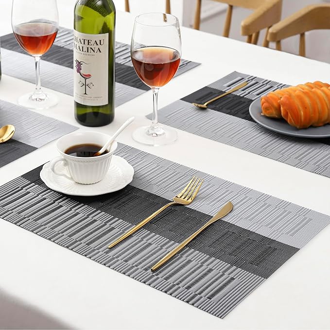 Leetaltree Grey with White Striped Placemats Set of 4 - Heat Resistant Non-Slip Place mats for Dining Table, Washable Durable PVC Vinyl Woven Table Mats（Grey Stripe, 4）