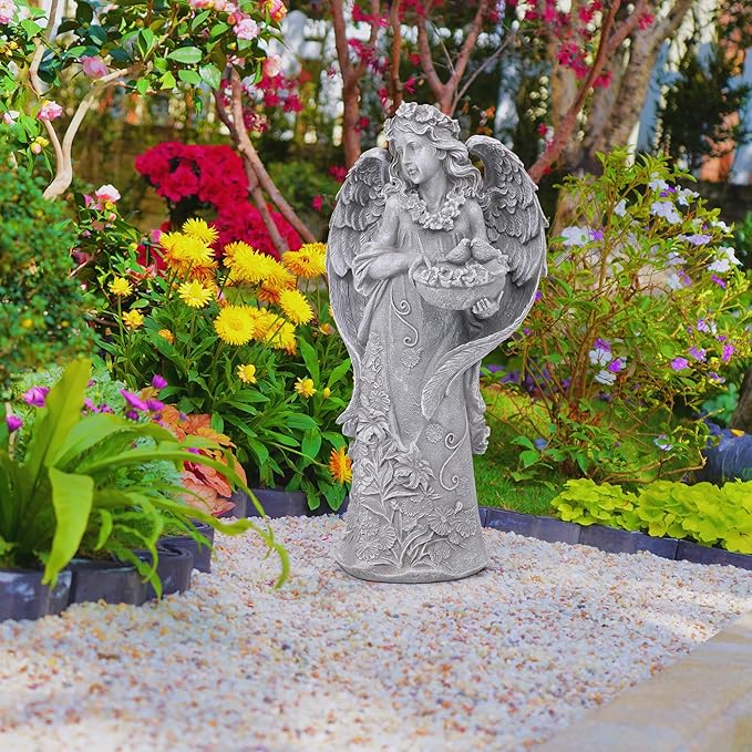 Outdoor Statues Angel Décor Garden Statue- 23.5" H Angel Statue,Resin Angel with Bird Figurine, Ideal for Yard, Patio, Deck, Home Entryway, and Hallway（Grey）