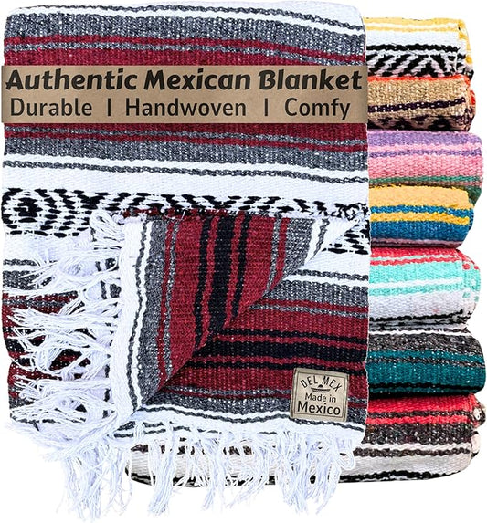 Del Mex Classic Mexican Blanket, Large Authentic Woven Falsa Throw (70"x50"), Artisan Southwest Décor for Beach, Yoga, Outdoors (Burgundy)