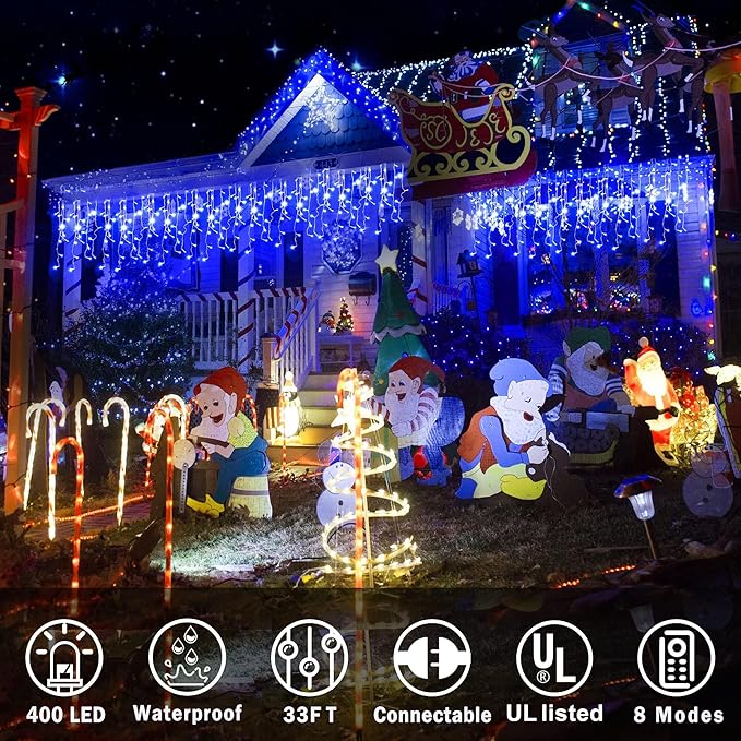 KNONEW 164FT 1600 LED Christmas Lights Outdoor Decoration Blue Timer 8Modes Hanging Fairy String Lights with 320 Drops, Plug in Waterproof Indoor Decor for Holiday Wedding Party Window Garden