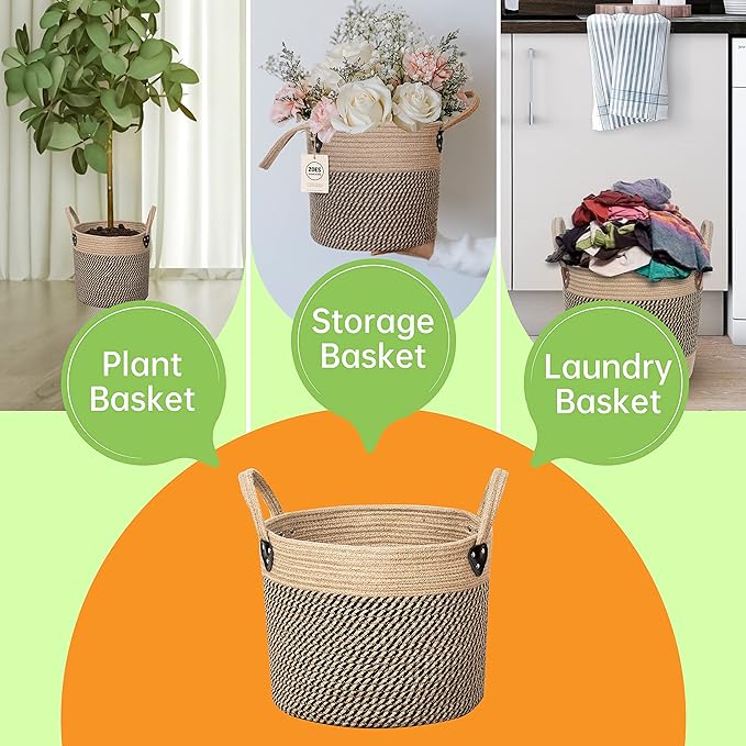 Jute Rope Basket - 12"x12" Woven Plant Pot Cover, Boho Indoor/Outdoor Multifunctional Storage