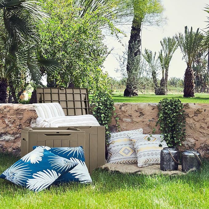 JUMMICO 31 Gallon Resin Deck Box Waterproof Indoor Outdoor Storage Boxes for Patio Furniture Cushions and Garden Tools (Light Brown)