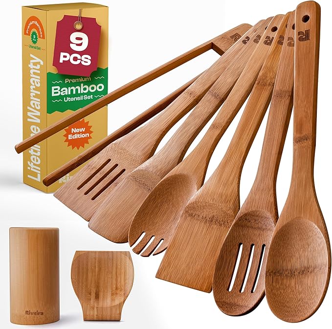 Riveira Dark Bamboo Wooden Spoons for Cooking 9-Piece with Holder, Apartment Essentials Wood Spatula Spoon Nonstick Kitchen Utensil Set Premium Quality Housewarming Gifts for Everyday Use