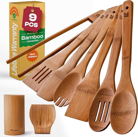 Riveira Dark Bamboo Wooden Spoons for Cooking 9-Piece with Holder, Apartment Essentials Wood Spatula Spoon Nonstick Kitchen Utensil Set Premium Quality Housewarming Gifts for Everyday Use
