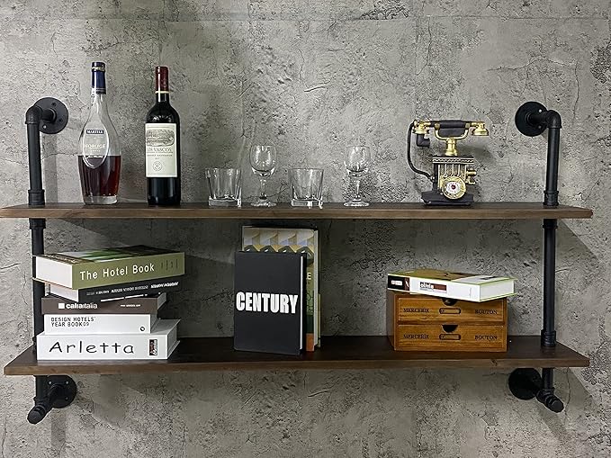 Industrial Pipe Wall Shelves Pipe Shelving with Real Wood Plank ,36 Inches Floating Shelves for Wall Farmhouse Pipe Book Shelves Dark Brown 2 Tier for Kitchen,Living Room Decor and Bar Shelving