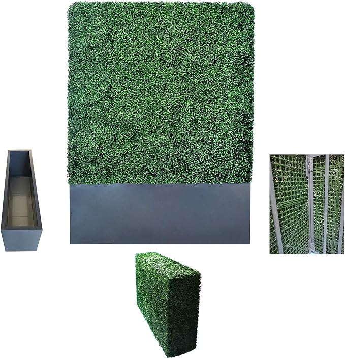AGPL Artificial Boxwood Hedge Wall with Dark Gray Stainless Steel Planter Box(64" H 48" W 12" D) Privacy Wall Backdrops