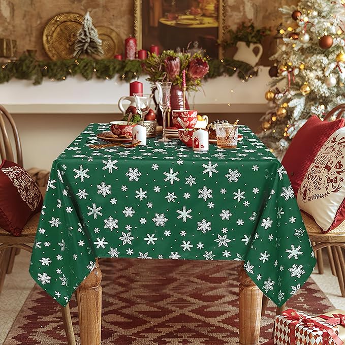 LUSHVIDA Christmas Tablecloth Rectangle - Green 60x120 inch Snowflakes Foil Print Pattern Washable Wrinkle Resistant Holiday Tablecloths for Christmas Family Gathering, Dining Room Table 130GSM