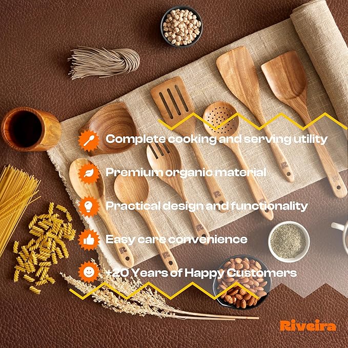 Riveira 9 Pieces Teak Wooden Spoons For Cooking – Premium & Durable Organic Teak Wooden Cooking Utensils – Non Stick Wooden Spatula For Cooking – Non Toxic Utensil Set With Holder & Spoon Rest