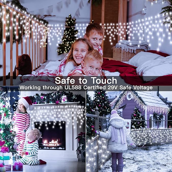 Ollny Icicle Lights Outdoor Cool White, 594LED 49FT Christmas Lights with Remote 8 Modes Dimmable, Waterproof Connectable Timer Hanging Light for House Outside Yard Indoor Decorations