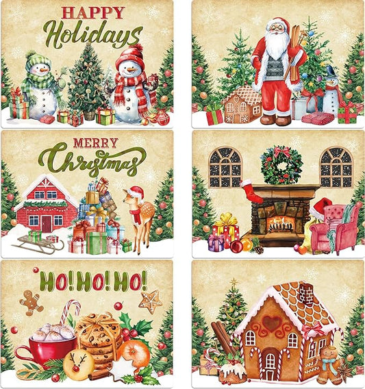 Christmas Placemats Set of 6 Retro Christmas Plastic Table Place Mats Merry Christmas Dining Mats Washable Xmas Holiday Rustic Vintage Table Decoration for Indoor Outdoor Christmas Party Dining Table