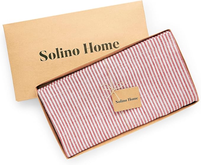 Solino Home Linen Striped Tablecloth 60 x 144 Inch - 100% Pure Linen Red and White Table Cloth for Rectangle Tables - Narrow Stripe, Machine Washable Tablecloth