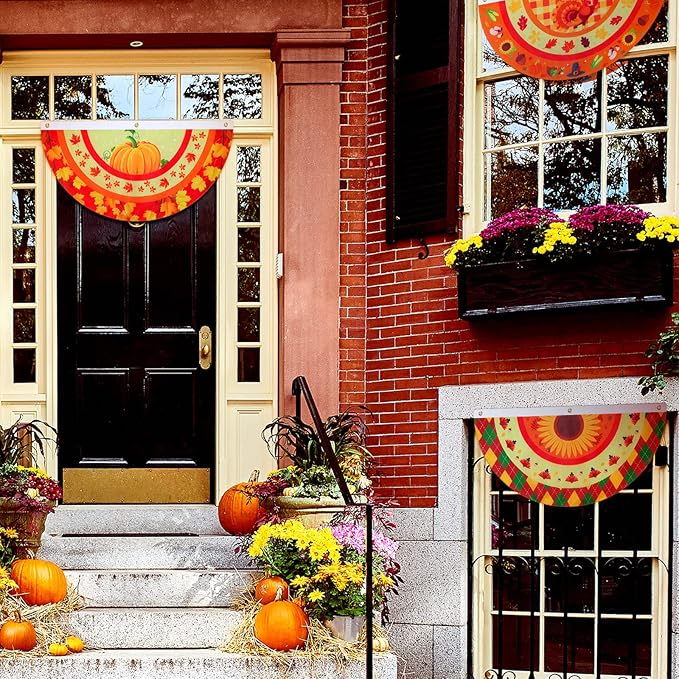 Breling 4 Pcs 1.5 x 3 Feet Fall Bunting Outdoor Flag for Outside Thanksgiving Pleated Fan Flag Pumpkin Turkey Yard Fall Hanging Banner Flag with Canvas Header and Metal Grommet for Holiday Decor
