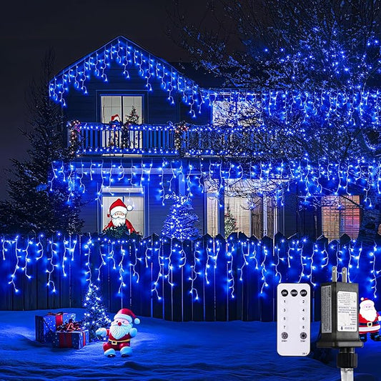 JMEXSUSS 400 LED Blue Icicle Lights for Outdise, 38.8 FT Christmas Icicle Lights Indoor Outdoor with 80 Drops, Blue Christmas Lights with Remote Plug in for House Fireplace Christmas Decorations
