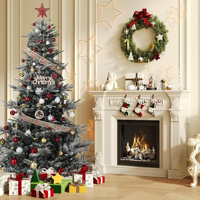 7.5ft Pre-lit Artificial Christmas Tree with Incandescent Warm White Lights, Snow Flocked Full Prelighted Xmas Tree Automatic Branch Tips, UL Listed Lights & Foldable Stand, Green & White