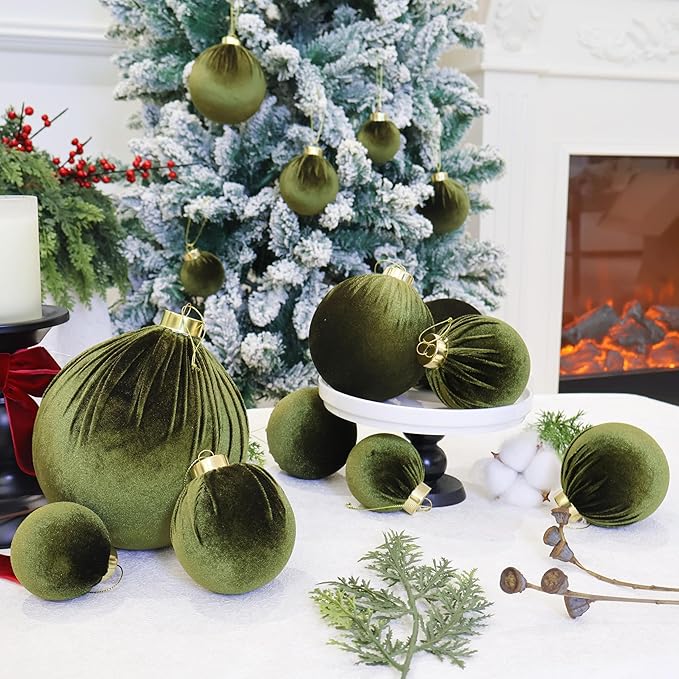 3.15inch Green Velvet Ornaments for Christmas Tree, 15pcs Flocked Christmas Ornaments Decorations Balls Set Decor