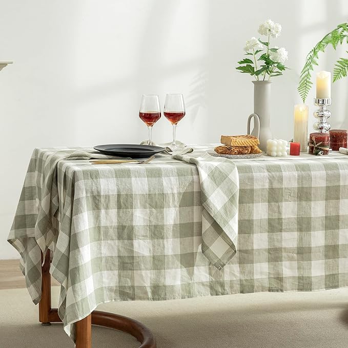 EVERLY 100% Yarn-Dyed Linen Rectangle Tablecloths 60x120Inches for Dining,Buffet Parties,Picnic,Events and Restaurants,Decorative Halloween,Thanksgiving Machine Washable Tablecloths-Sage Green Plaid