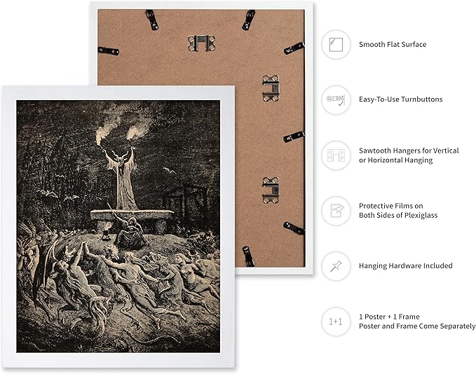 Poster Master Vintage Gustave Dore Poster - Retro Illustration Print - Gift for Gothic, Horror Fan - Dance of Sabbath, Witch, Magic, Spell - Wall Decor for Bedroom, Dorm, 11x14 White Framed