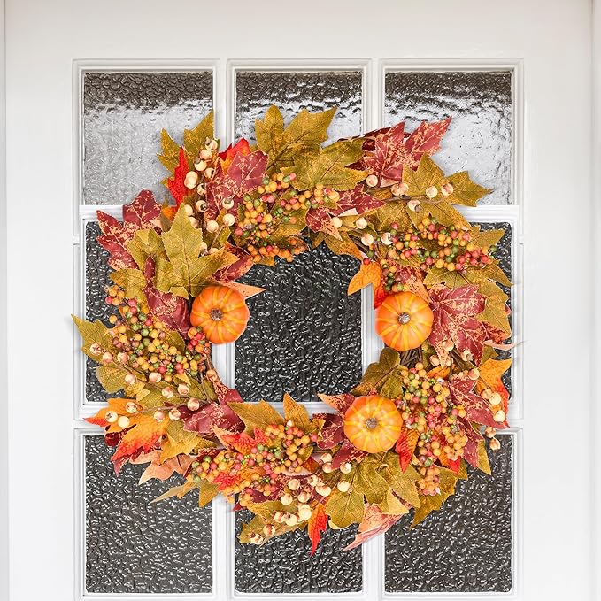 GENMOUS 24 Inch Fall Wreaths for Front Door, Autumn Maple Leaves Wreath for Home Porch Decor, Farmhouse Pumpkin Wreaths for Thanksgiving Halloween Harvest Festival Fall Decoration Outdoor Indoor Home