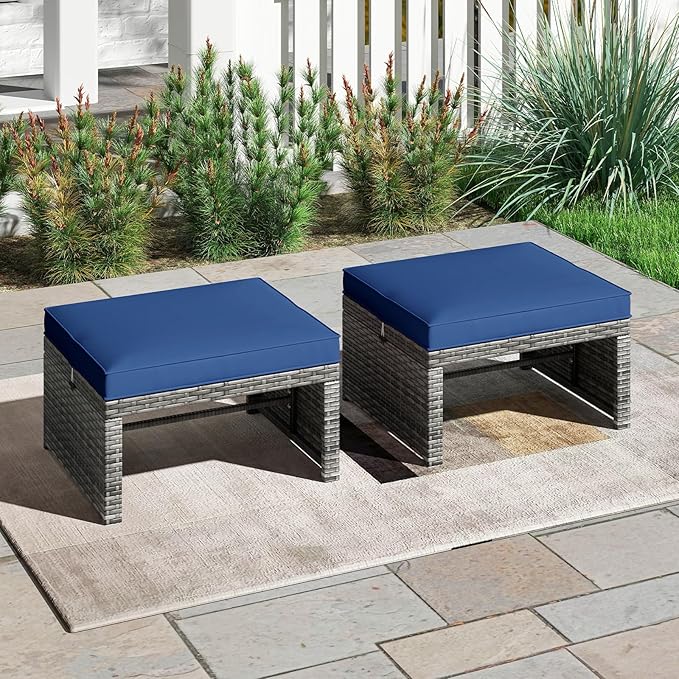Tangkula 2 Pieces Patio PE Rattan Ottomans, Multipurpose Outdoor Footstool Footrest Additional Seating Side Table with Soft Zippered Cushions for Deck, Garden, and Yard (Navy Blue)