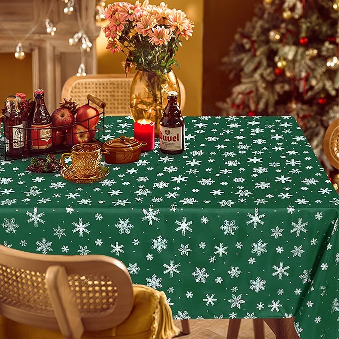 LUSHVIDA Christmas Tablecloth Rectangle - Green 60x120 inch Snowflakes Foil Print Pattern Washable Wrinkle Resistant Holiday Tablecloths for Christmas Family Gathering, Dining Room Table 130GSM