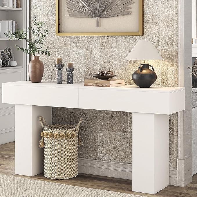 63 Inch Long Console Table for Entryway, Farmhouse Wood Rectangular Sofa Table Behind Couch Table, Narrow Entryway Table for Living Room, Entrance, Hallway, Foyer, Easy Assembly (Classic White)