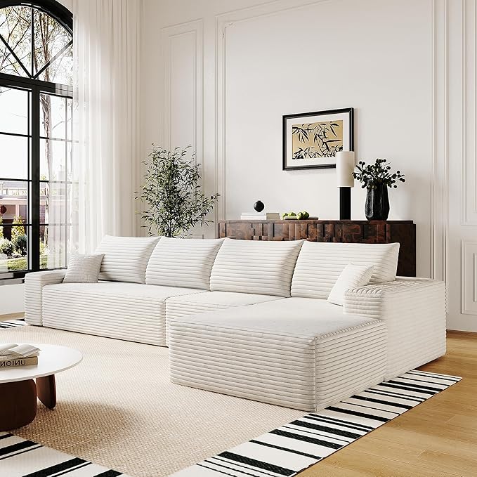 136" Sectional Couches for Living Room Modern Modular Sofa with L-Shape Couchs Upholstered Boneless Couch Deep Seat Sectional Couch with Chaise (White, Right Facing Chaise+3Seaters)