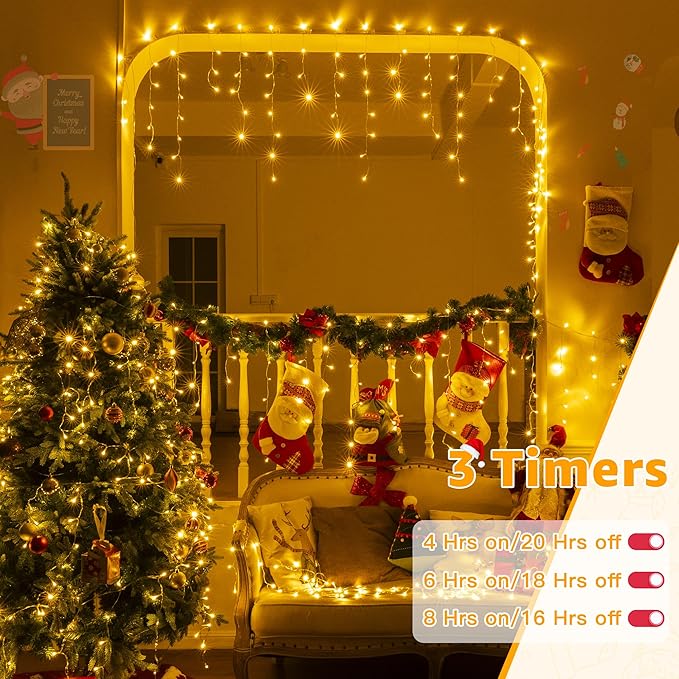 Ollny Icicle Lights for Outside 720LED 60FT, Warm White Christmas Lights with Remote 8 Modes Dimmable, Waterproof Connectable Timer Hanging Light for House Outdoor Yard Indoor Decorations